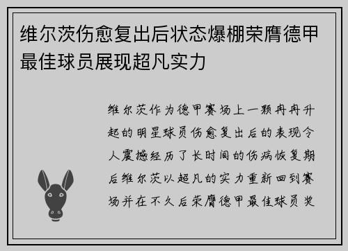 维尔茨伤愈复出后状态爆棚荣膺德甲最佳球员展现超凡实力 维尔茨伤愈复出后状态爆棚荣膺德甲最佳球员展现超凡实力