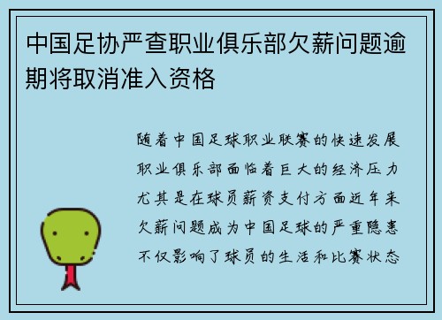 中国足协严查职业俱乐部欠薪问题逾期将取消准入资格 中国足协严查职业俱乐部欠薪问题逾期将取消准入资格